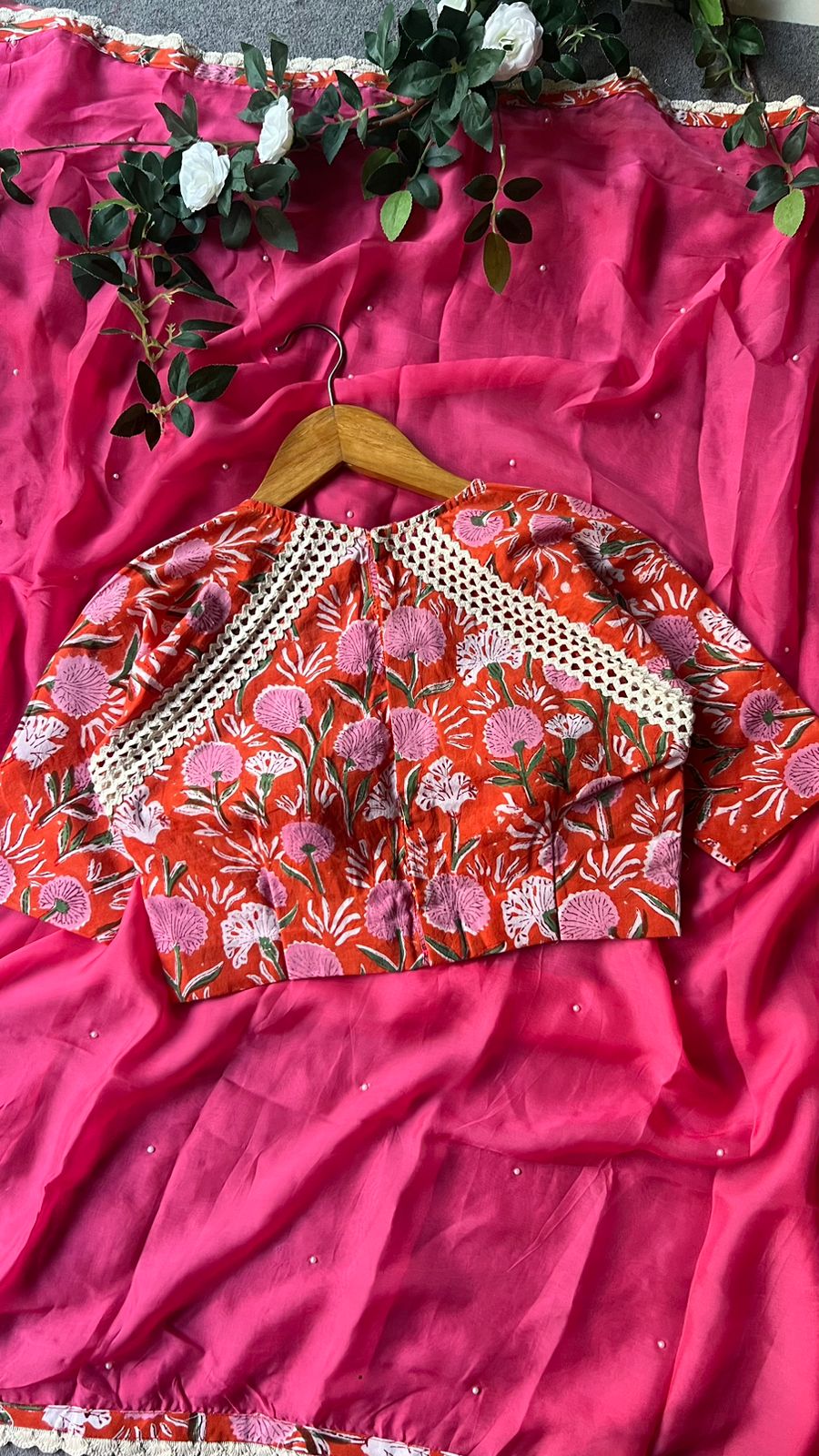 Pink jute saree with cotton hand block printed blouse
