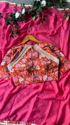 Pink jute saree with cotton hand block printed blouse
