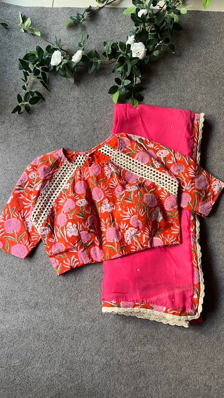 Pink jute saree with cotton hand block printed blouse
