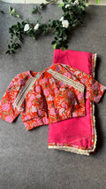 Pink jute saree with cotton hand block printed blouse