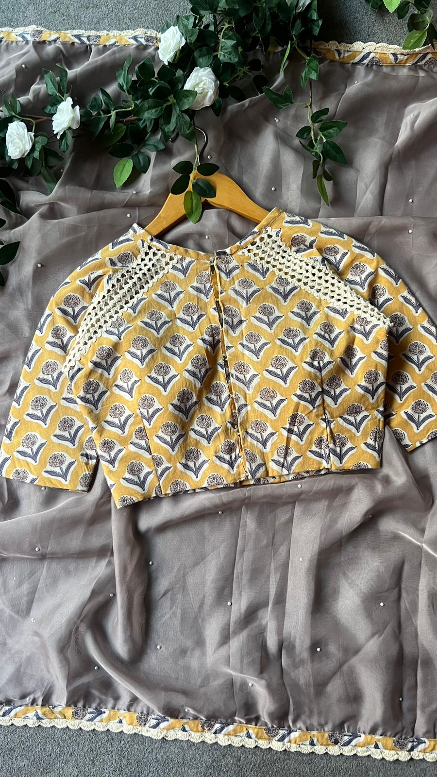 Cream yellow cotton hand printed blouse