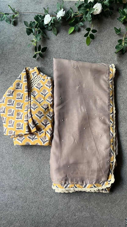Grey organza saree with cotton hand block printed blouse