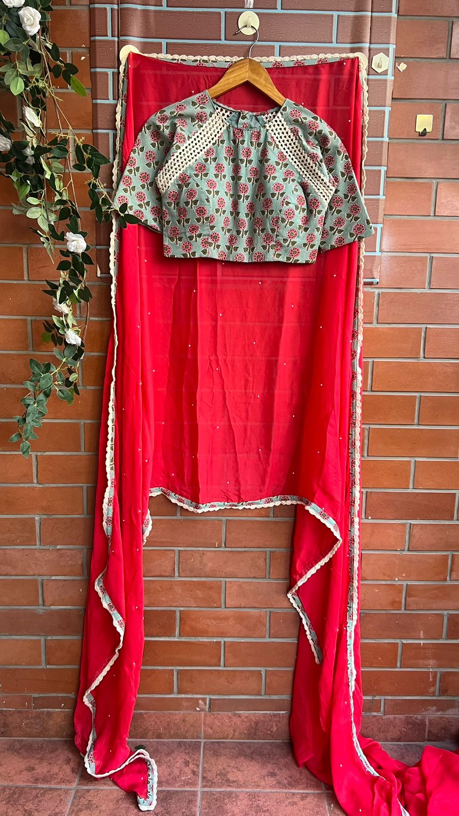 Pista green cotton hand printed blouse