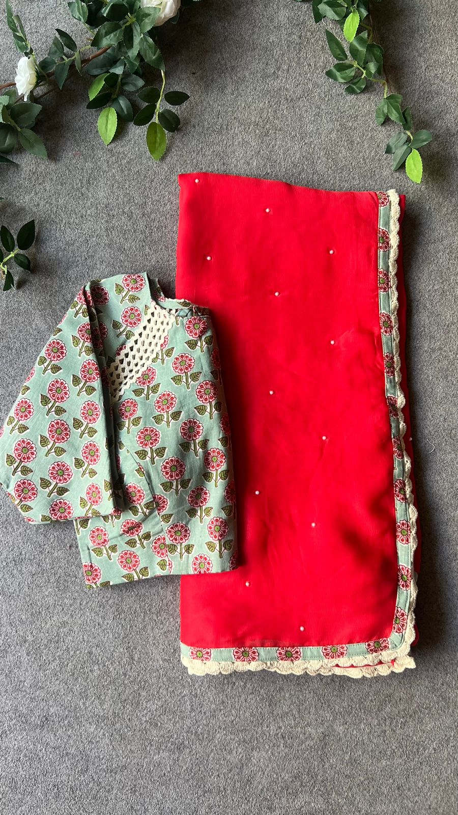 Pista green cotton hand printed blouse