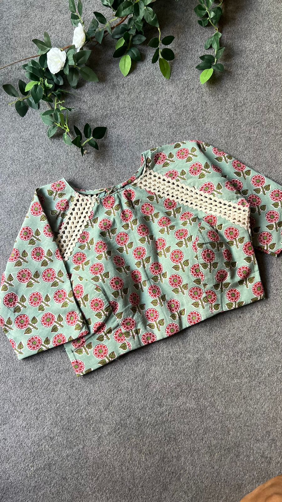 Pista green cotton hand printed blouse