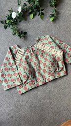 Pista green cotton hand printed blouse
