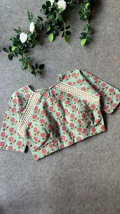 Pista green cotton hand printed blouse