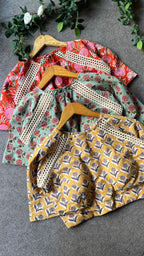 Pink jute saree with cotton hand block printed blouse