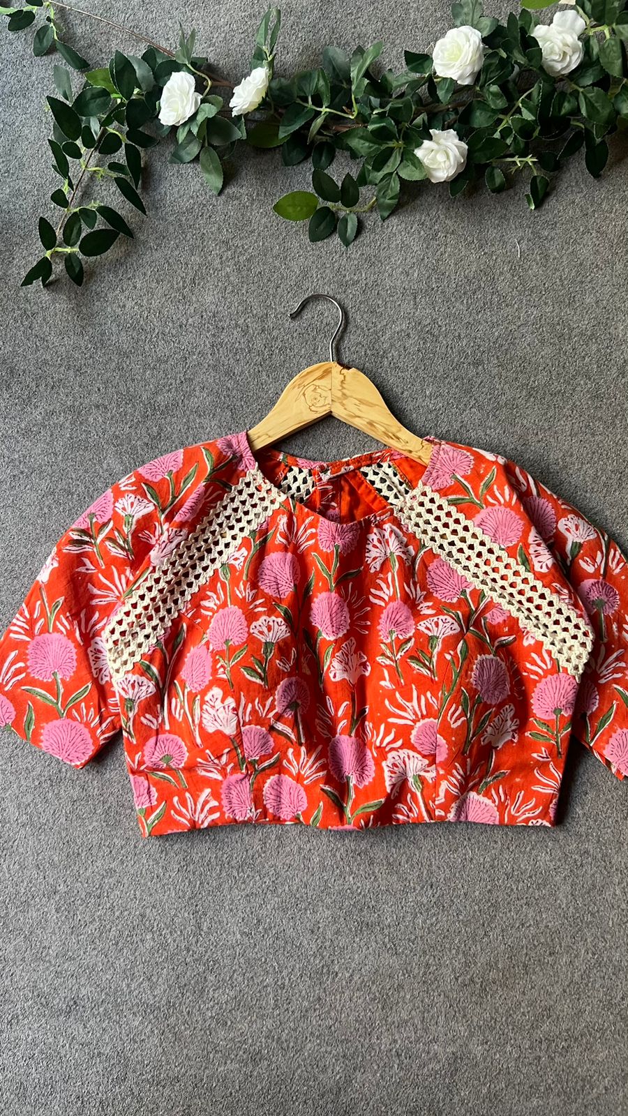 Orange cotton hand printed blouse