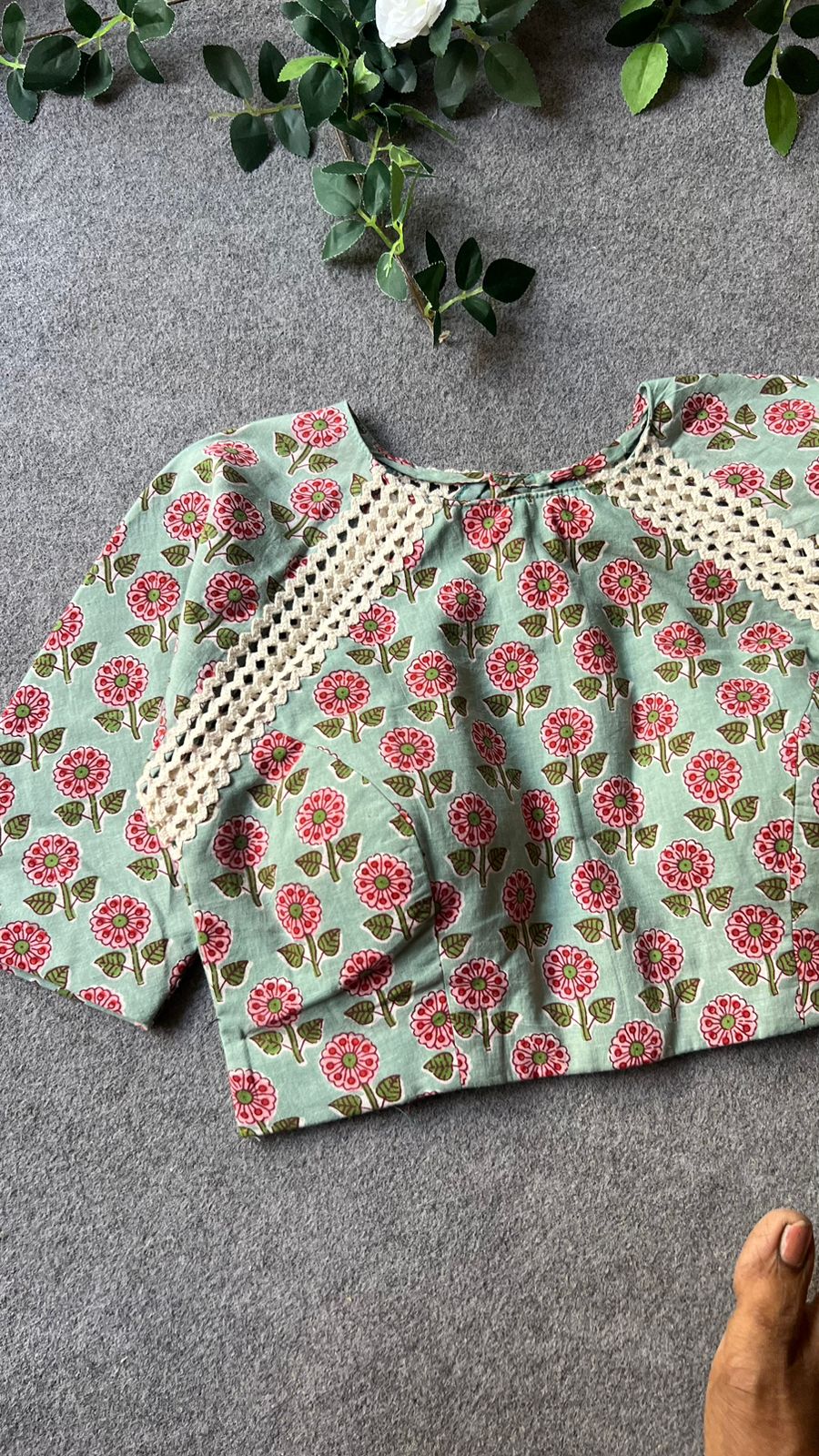 Pista green cotton hand printed blouse