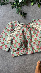 Pista green cotton hand printed blouse