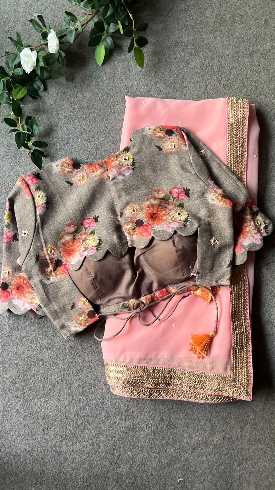 Pink georgette saree with linen mirror work blouse