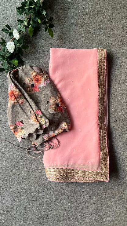 Pink georgette saree with linen mirror work blouse