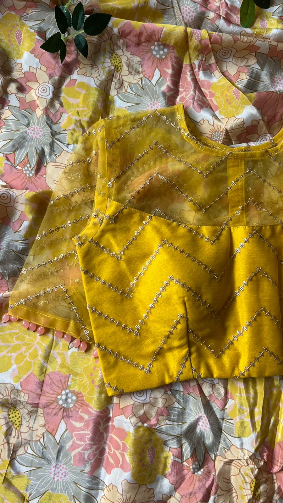 Floral viscose silk saree with yellow sequins blouse