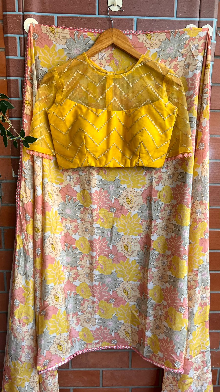 Floral viscose silk saree with yellow sequins blouse
