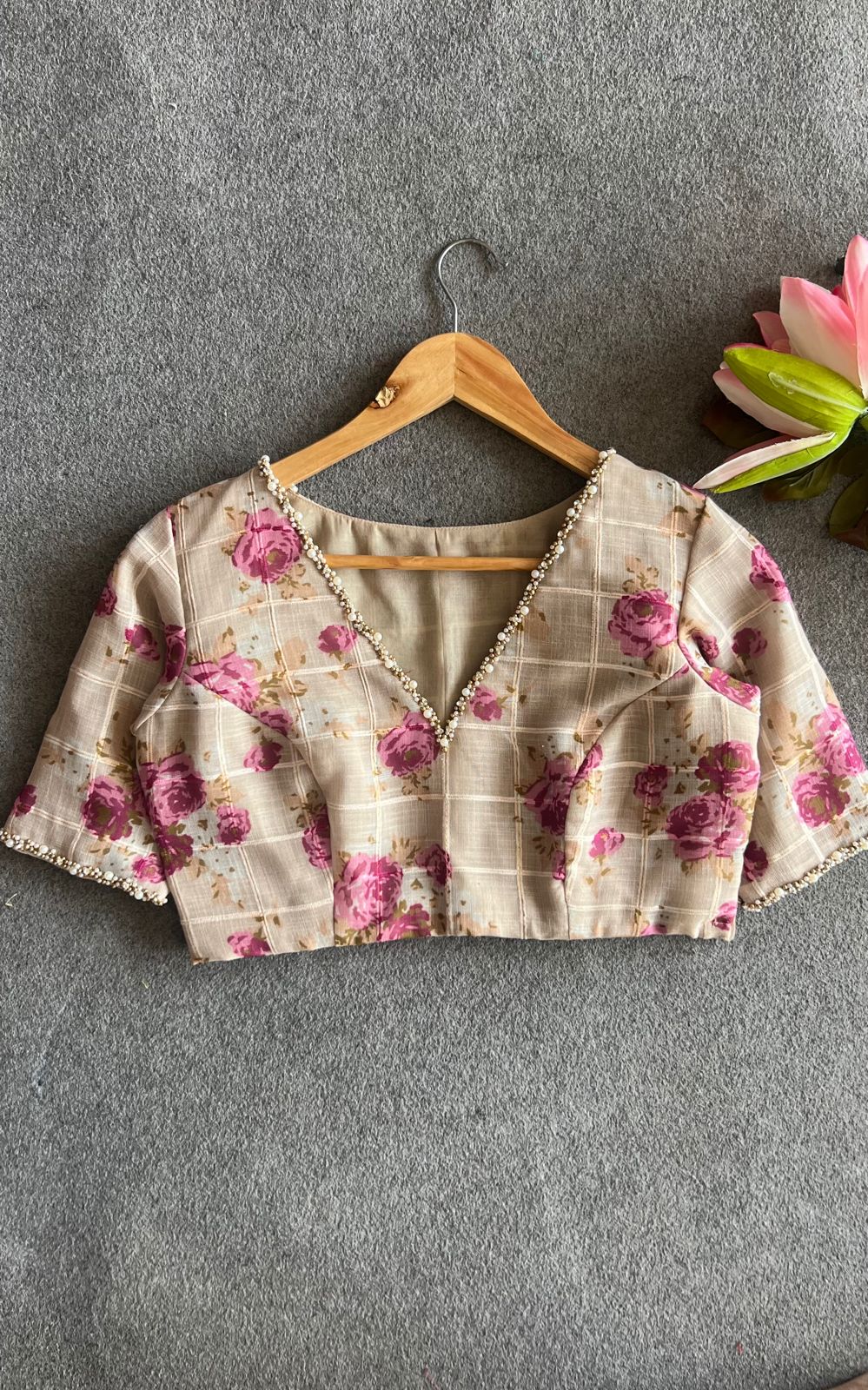 Halfwhite cotton pearl hand work blouse