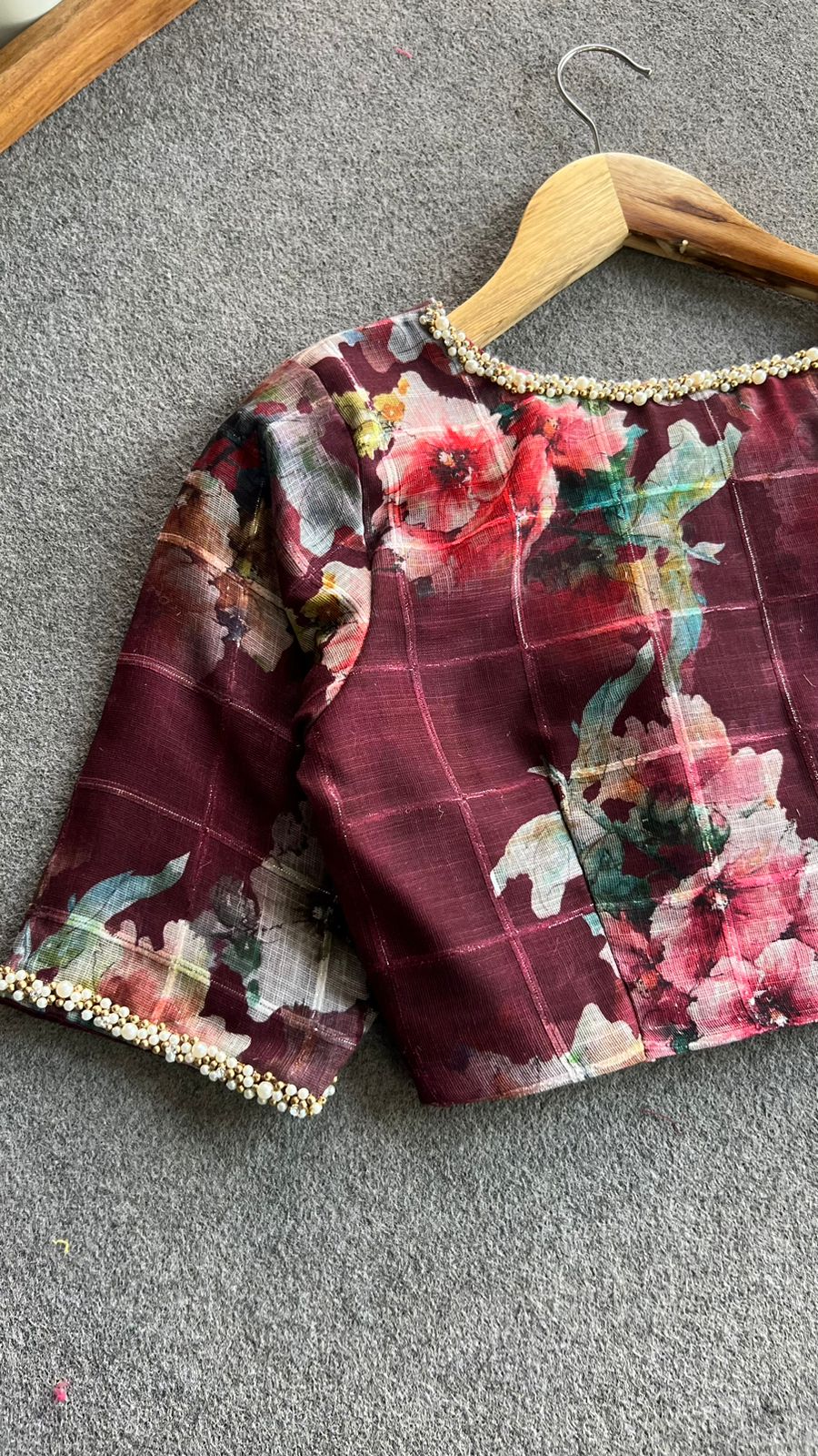 Brown cotton pearl hand work blouse