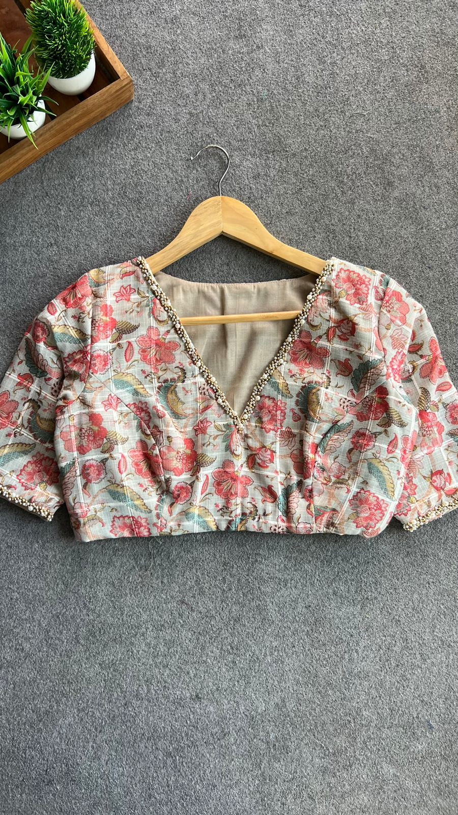 Floral cotton pearl hand work blouse