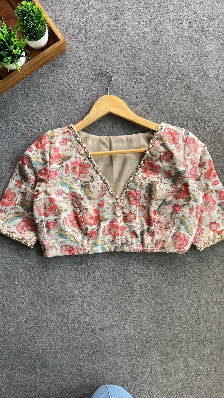 Floral cotton pearl hand work blouse