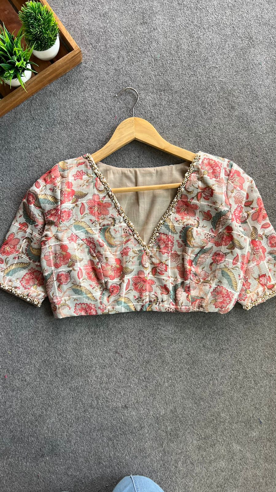 Floral cotton pearl hand work blouse