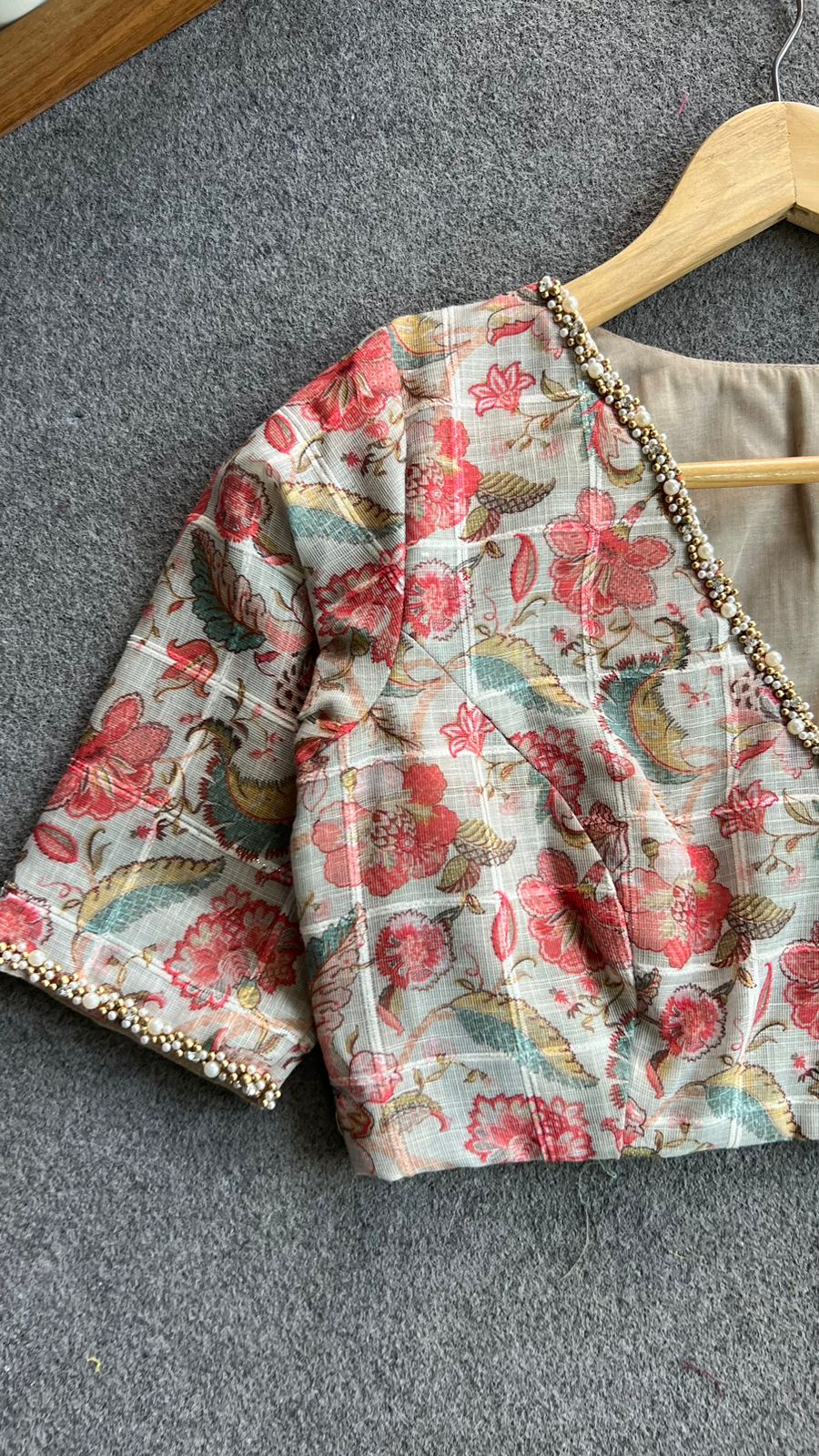Floral cotton pearl hand work blouse