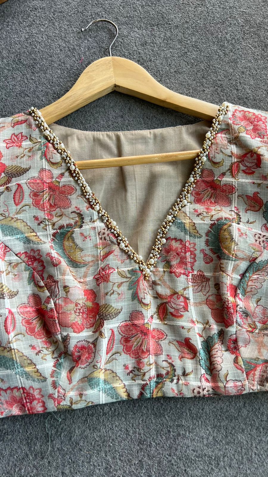 Floral cotton pearl hand work blouse