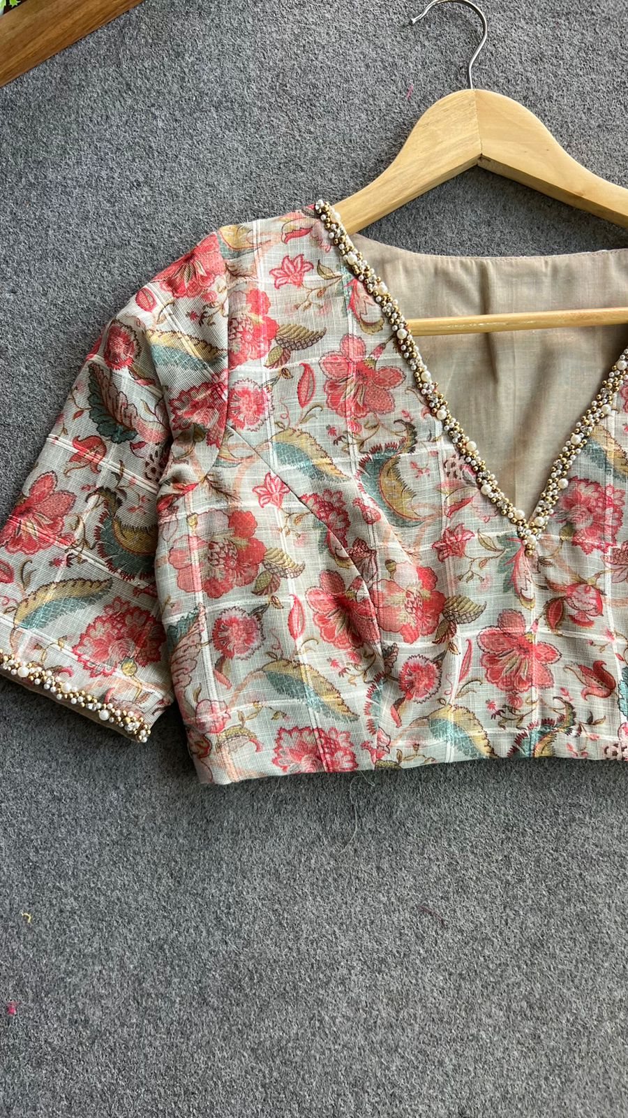 Floral cotton pearl hand work blouse
