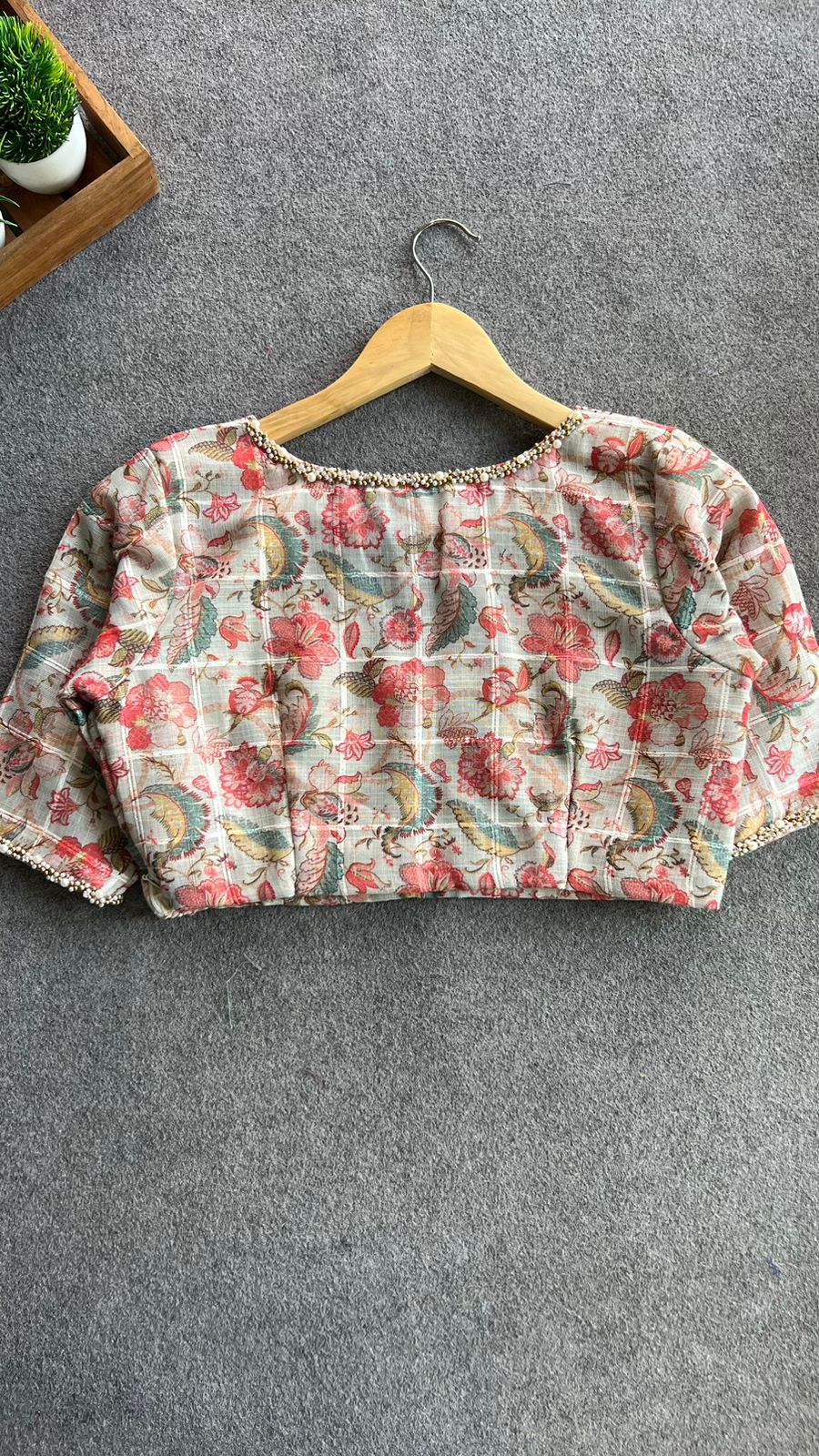 Floral cotton pearl hand work blouse