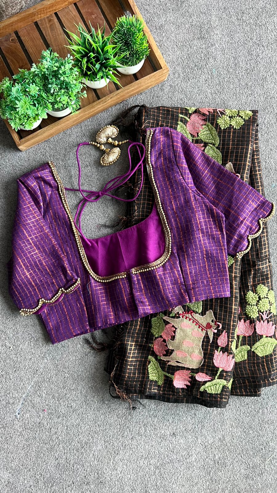 Black checked saree with purple hand work blouse