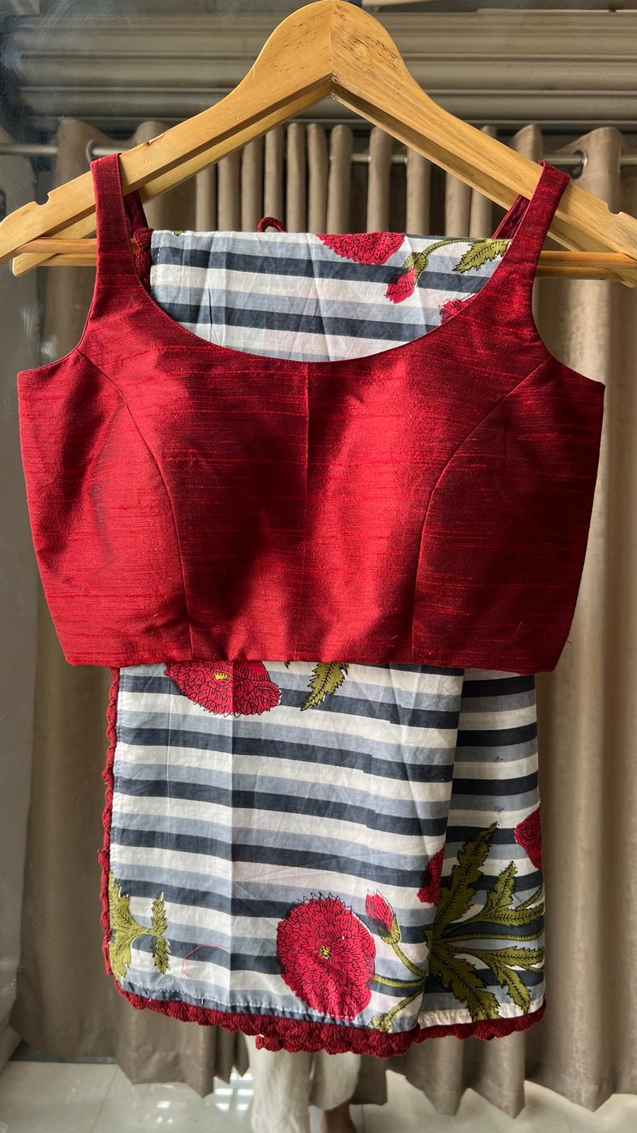 Grey & white stripe hand block printed saree with blouse