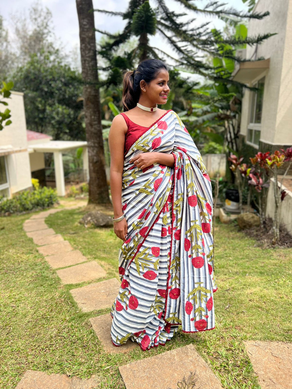 Grey & white stripe hand block printed saree with blouse
