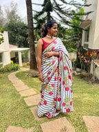 Grey & white stripe hand block printed saree with blouse