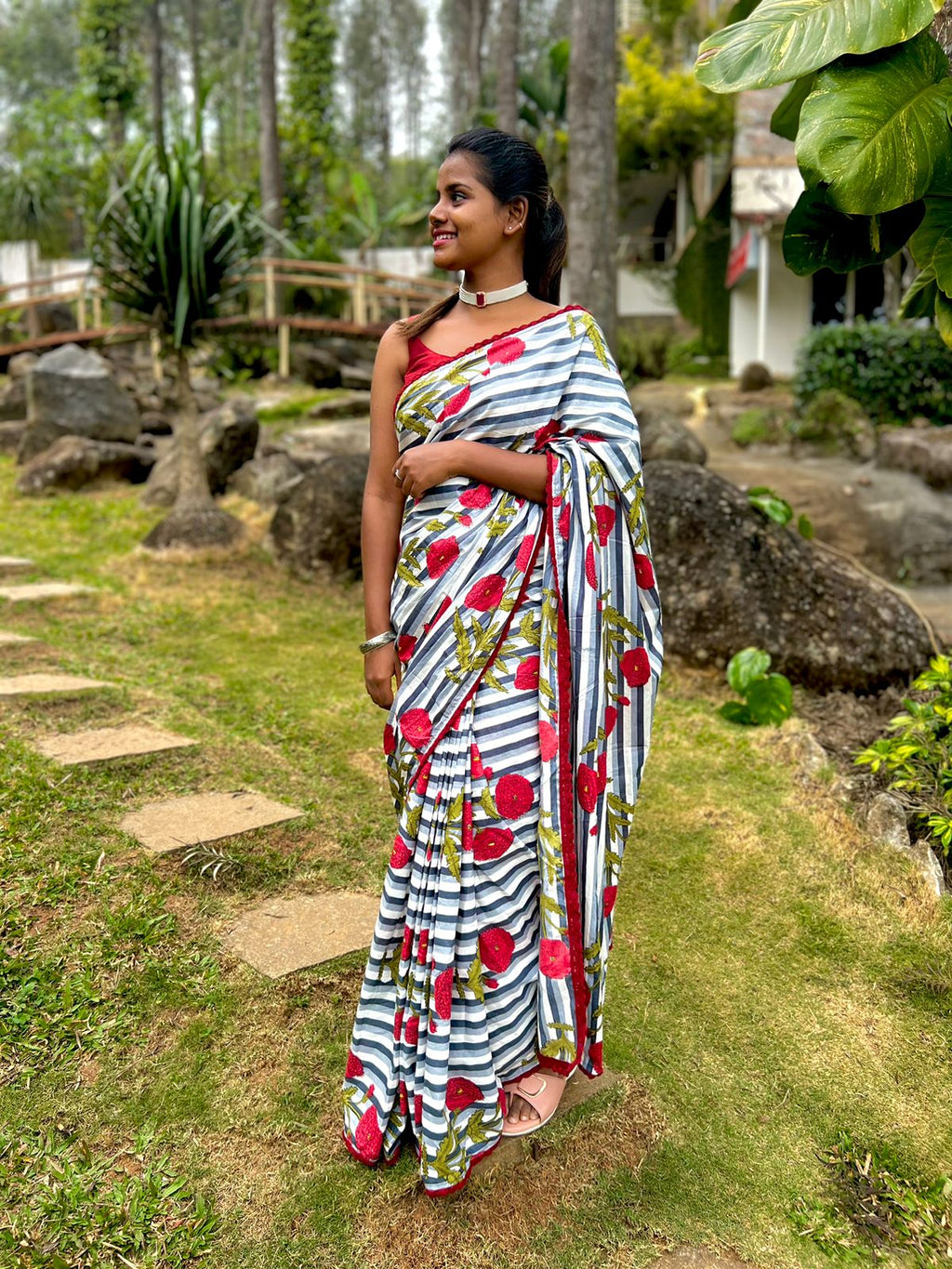 Grey & white stripe hand block printed saree with blouse