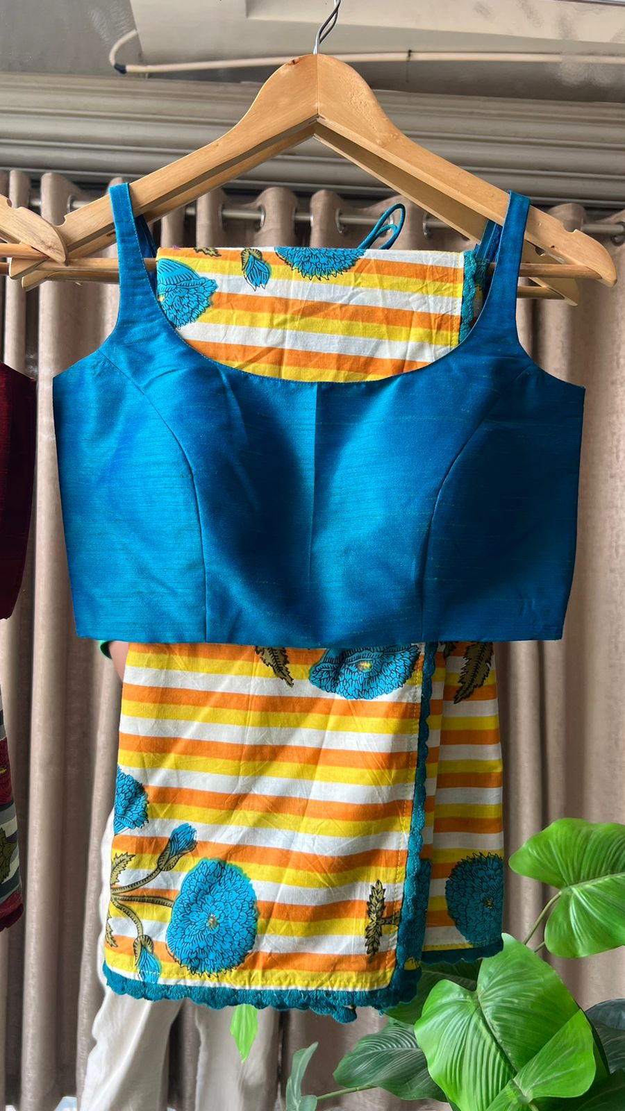 Yellow & white stripe hand block printed saree with blouse