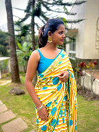 Yellow & white stripe hand block printed saree with blouse