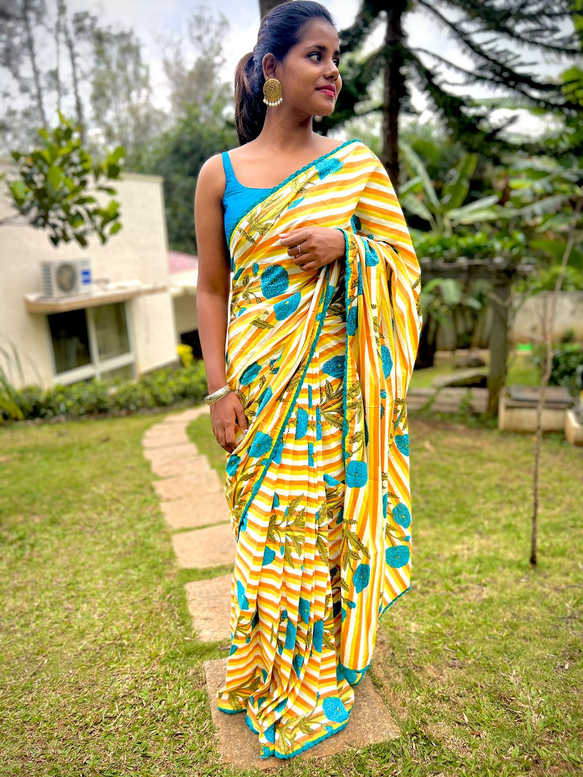 Yellow & white stripe hand block printed saree with blouse