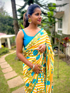 Yellow & white stripe hand block printed saree with blouse