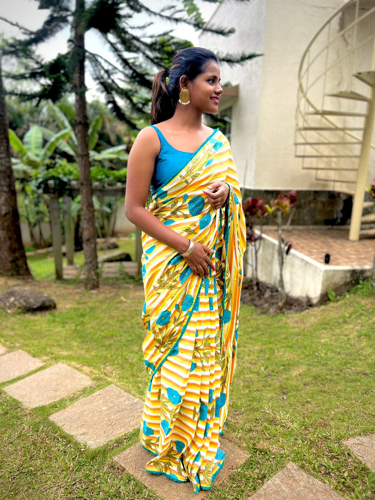 Yellow & white stripe hand block printed saree with blouse