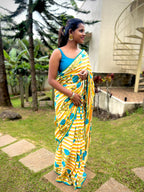 Yellow & white stripe hand block printed saree with blouse