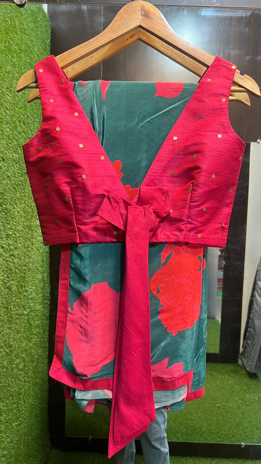 Peacock blue floral modal saree with pink hand work blouse
