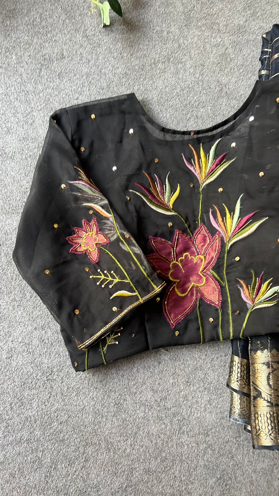 Black organza silk hand embroidery work blouse