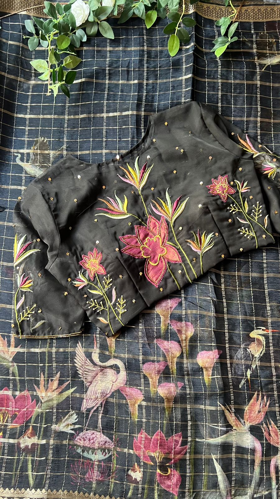 Black organza silk hand embroidery work blouse