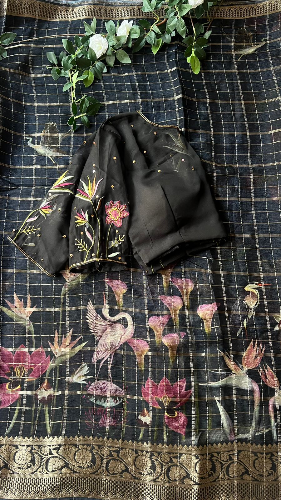 Black organza silk hand embroidery work blouse