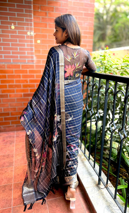 Black floral organza saree with black hand worked blouse