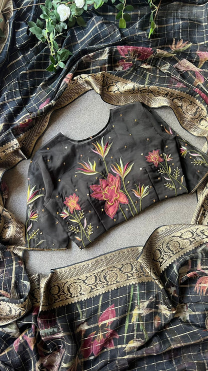 Black organza silk hand embroidery work blouse