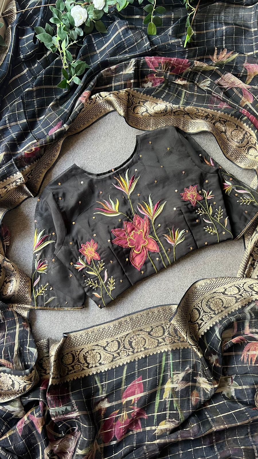 Black organza silk hand embroidery work blouse