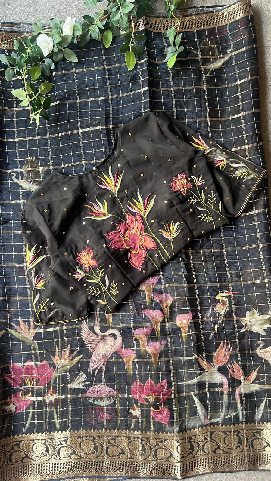 Black organza silk hand embroidery work blouse