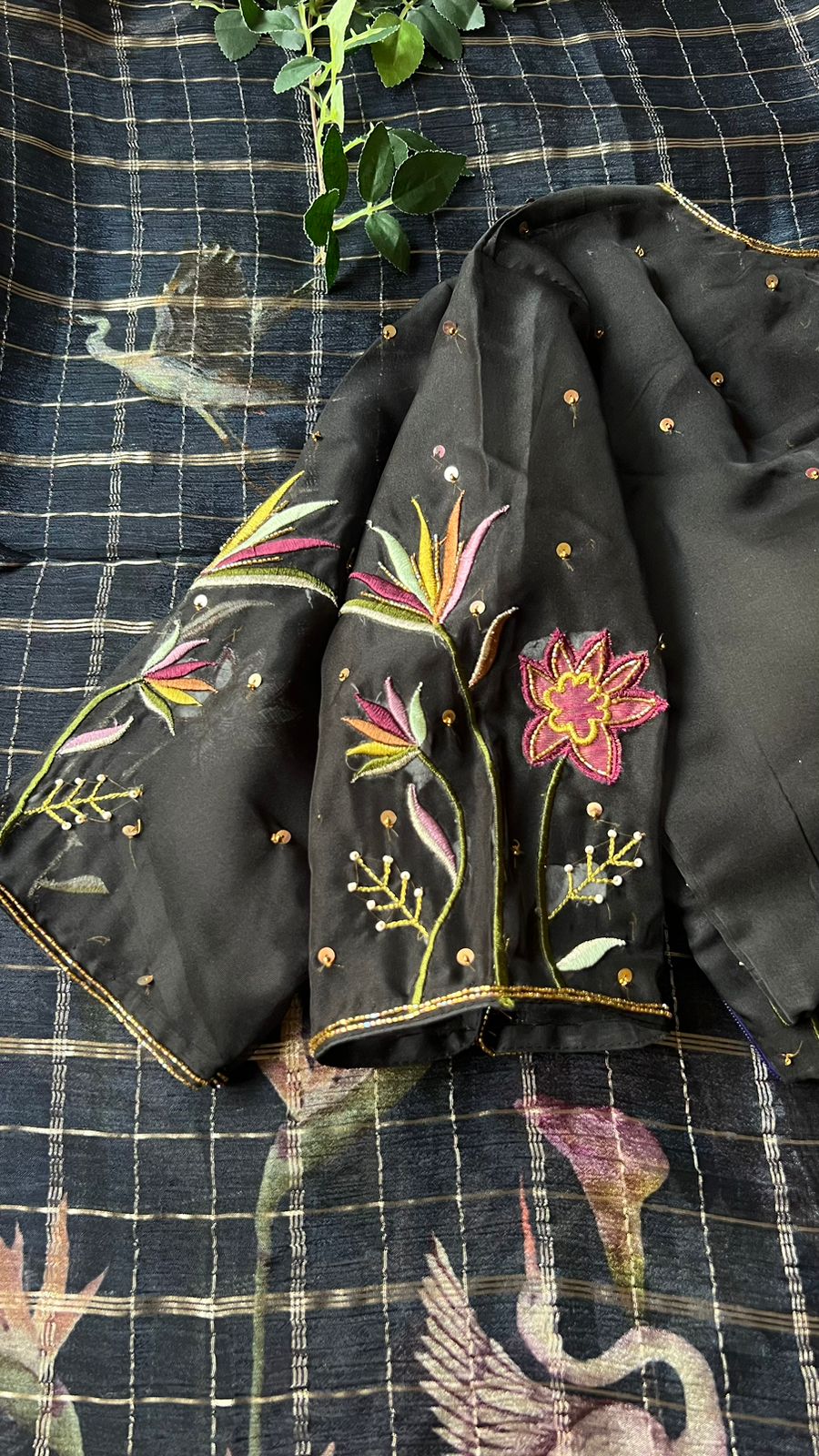 Black organza silk hand embroidery work blouse