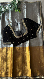 Silver tissue saree with black velvet hand worked blouse