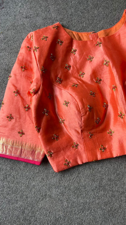Peach striped banarasi soft silk saree with hand made blouse